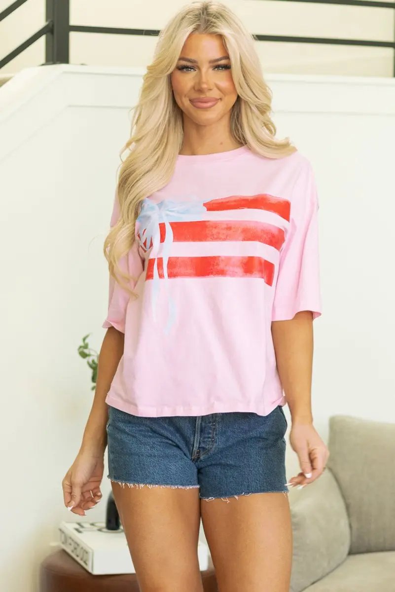 Light Pink Flag Bow Graphic Crewneck Tee for Women - Love Salve